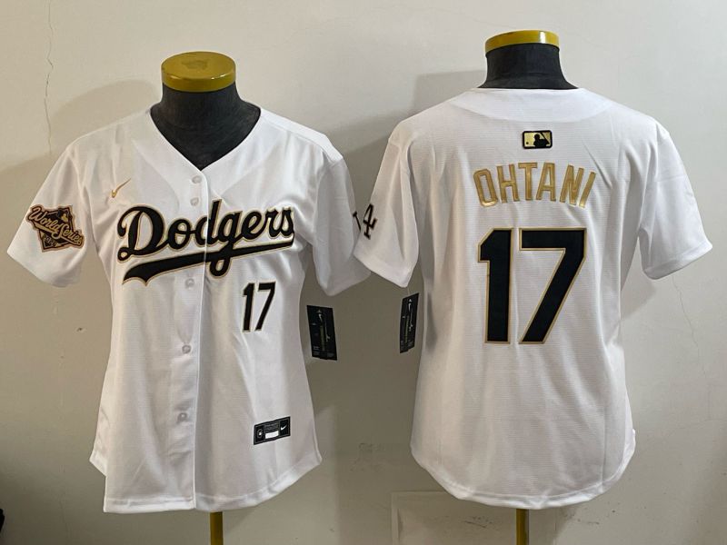 Women Nike 2026 Los Angeles Dodgers #17 Ohtani White Gold Game MLB Jersey 062->women mlb jersey->Women Jersey